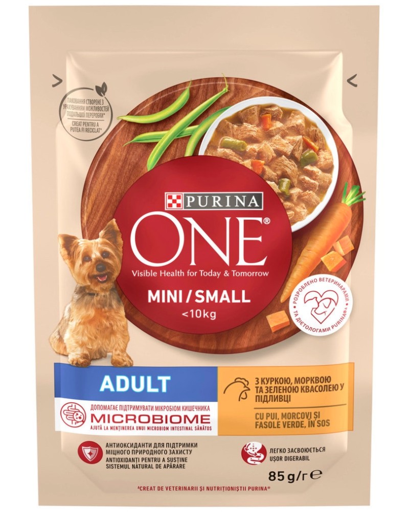 Пауч за кучета Purina ONE Adult Пауч за кучета Purina ONE Adult - 85 g, от серията Purina ONE MINI, с пилешко и моркови, за дребни и малки породи в зряла възраст - храна