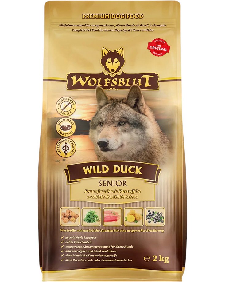 Суха храна за кучета Wolfsblut Wild Duck Senior Суха храна за кучета Wolfsblut Wild Duck Senior - 2 и 12.5 kg, с дива патица и картофи, над 7 години - храна