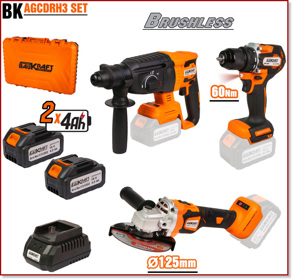 Акумулаторен ъглошлайф, ударна бормашина и перфоратор 18V Baukraft BK-AGCDRH3 Акумулаторен ъглошлайф, ударна бормашина и перфоратор 18V Baukraft BK-AGCDRH3 - Модели BK-AG3, BK-CD3 и BK-BRH58 с куфар, 2 батерии и зарядно устройство -