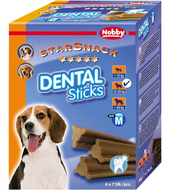 Дентални пръчици за кучета Nobby Dental Sticks Medium Дентални пръчици за кучета Nobby Dental Sticks Medium - 4 пакета x 7 броя, от серията StarSnack, над 2 месеца, до 12 kg - храна
