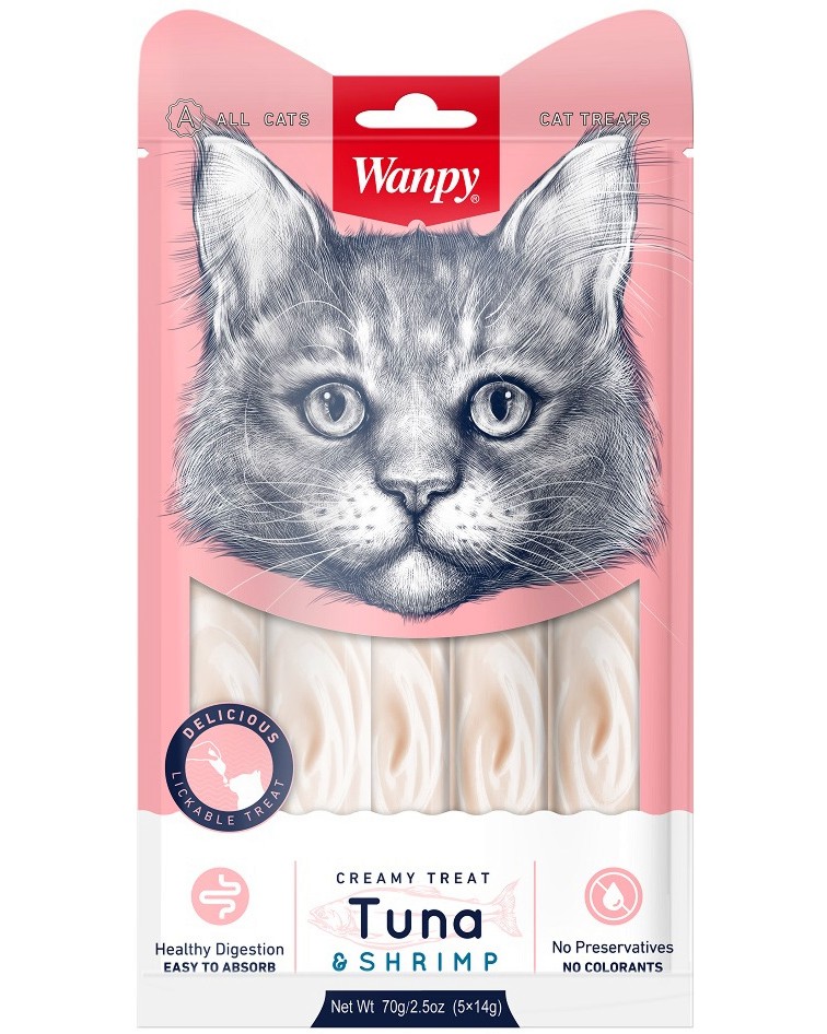 Кремообразни лакомства за котки Wanpy Кремообразни лакомства за котки Wanpy - 5 x 14 g, с риба тон и скариди, за 3+ месеца - храна
