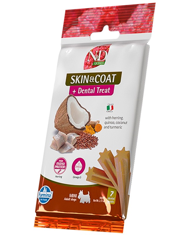 �������� ��������� �� ������ �� ������ ���� � ������� ������ N&D Adult Mini Skin & Coat Dental Treat - 60 g, � �������, �����, ����� � �������, �� ������� Quinoa, �� ������ ������, ��� 4 ������ - �����