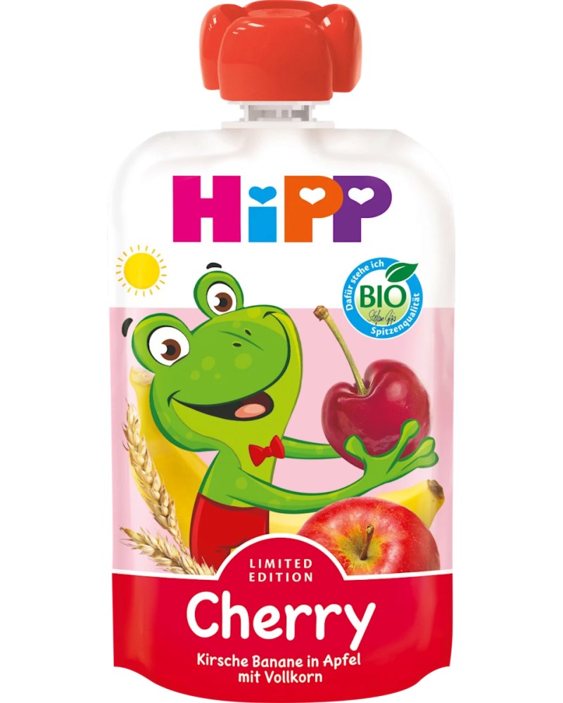 Био плодов пауч с череша, банан, ябълка и пълнозърнести култури HiPP HiPPiS Био плодов пауч с череша, банан, ябълка и пълнозърнести култури HiPP HiPPiS - 100 g, за 6+ месеца - пюре