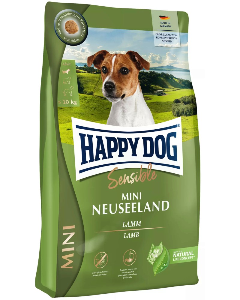 Суха храна за кучета с чувствително храносмилане Happy Dog Mini New Zealand Adult Суха храна за кучета с чувствително храносмилане Happy Dog Mini New Zealand Adult - 0.8 ÷ 10 kg, с агнешко, от серията Sensible, в зряла възраст, до 10 kg - храна
