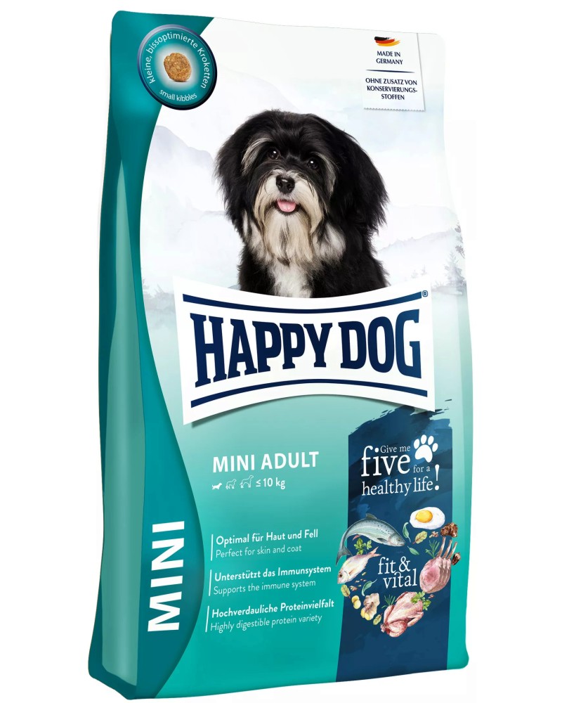 Суха храна за кучета Happy Dog Mini Adult Суха храна за кучета Happy Dog Mini Adult - 0.8 ÷ 14 kg, от серията Fit and Vital, в зряла възраст, до 10 kg - храна