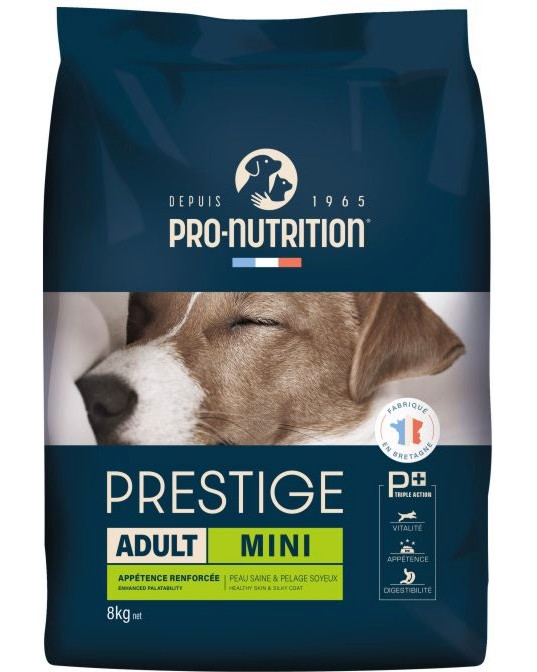 Суха храна за кучета Pro-Nutrition Adult Mini Суха храна за кучета Pro-Nutrition Adult Mini - 8 kg, от серията Prestige Dog, за дребни породи, с тегло от 2 до 10 kg - храна