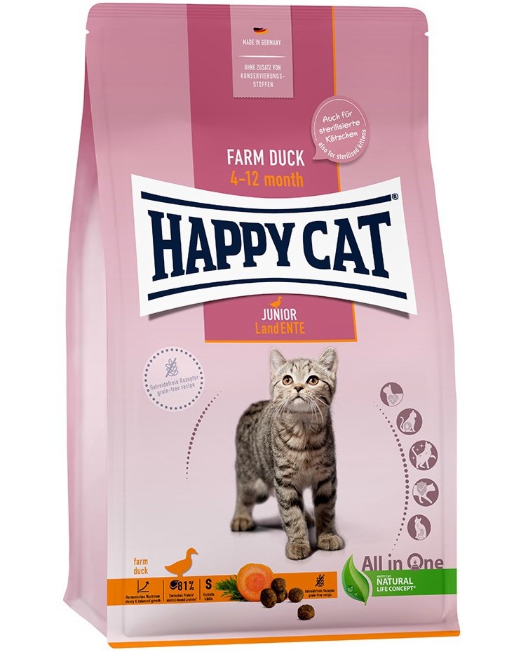 Суха храна за котки Happy Cat Junior Суха храна за котки Happy Cat Junior - 0.3 ÷ 4 kg, с патешко, от серията Young, от 4 до 12 месеца - храна
