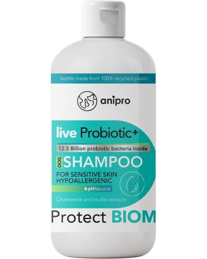 Пробиотичен шампоан за кучета за защита на микробиома anipro Live Probiotic+ Protect Biom Пробиотичен шампоан за кучета за защита на микробиома anipro Live Probiotic+ Protect Biom - 250 ml, с аромат на лайка - шампоан