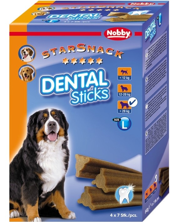 Дентални пръчици за кучета Nobby Dental Sticks Large Дентални пръчици за кучета Nobby Dental Sticks Large - 4 пакета x 7 броя, от серията StarSnack, над 2 месеца, над 20 kg - храна
