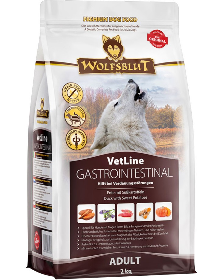 Суха храна за кучета със стомашно-чревни заболявания Wolfsblut VetLine Gastrointestinal Adult Суха храна за кучета със стомашно-чревни заболявания Wolfsblut VetLine Gastrointestinal Adult - 2 и 12 kg, с патешко и сладки картофи, в зряла възраст - храна