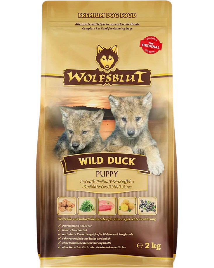 Суха храна за кучета Wolfsblut Puppy Суха храна за кучета Wolfsblut Puppy - 2 и 12.5 kg, с дива патица и картофи, за подрастващи - храна