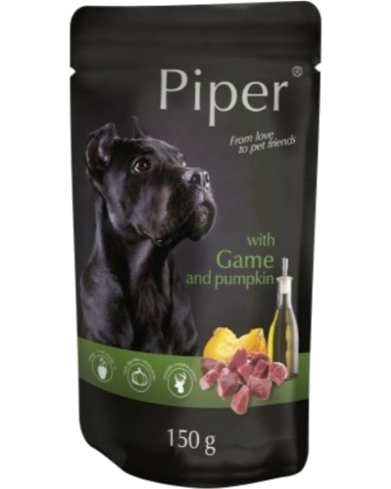 Пауч за кучета Piper Пауч за кучета Piper - 150 ÷ 10 x 150 g, с дивеч и тиква, в зряла възраст - храна