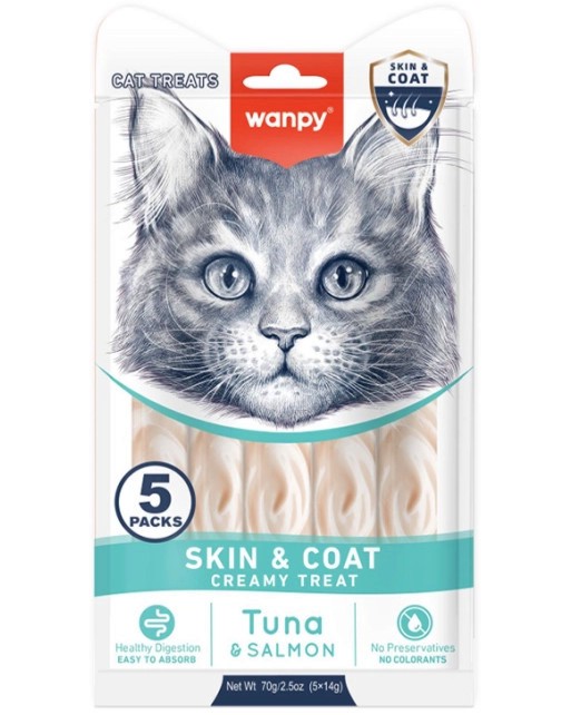 Кремообразни лакомства за котки за красива козина Wanpy Skin & Coat Кремообразни лакомства за котки за красива козина Wanpy Skin & Coat - 5 x 14 g, с риба тон и сьомга, за над 3 месеца - храна