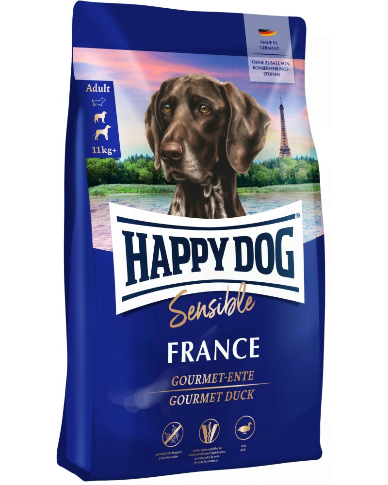 Суха храна за кучета с чувствително храносмилане Happy Dog France Adult Суха храна за кучета с чувствително храносмилане Happy Dog France Adult - 1 ÷ 11 kg, с патешко, от серията Sensible, в зряла възраст, 11+ kg - храна