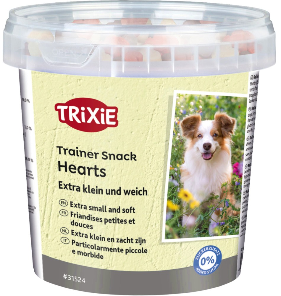 Тренировъчни лакомства за кучета Trixie Trainer Snack Hearts Тренировъчни лакомства за кучета Trixie Trainer Snack Hearts - 200 g, с пилешко, агнешко и сьомга - храна