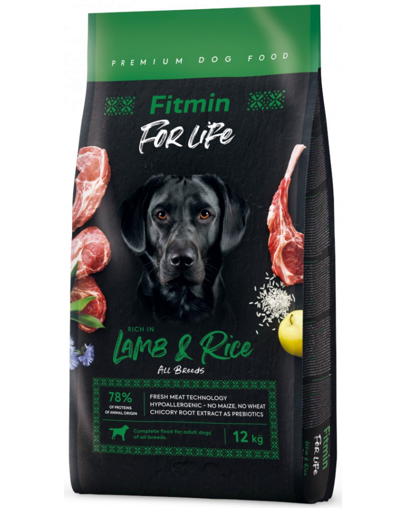 Суха храна за кучета Fitmin Adult Суха храна за кучета Fitmin Adult - 12 kg, с агнешко и ориз, от серията For Life, в зряла възраст, за големи породи - храна
