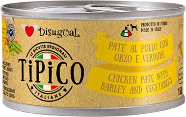 Пастет за кучета Disugual Пастет за кучета Disugual - 150 ÷ 12 x 150 g, с пилешко, ечемик и зеленчуци, от серията Tipico - храна