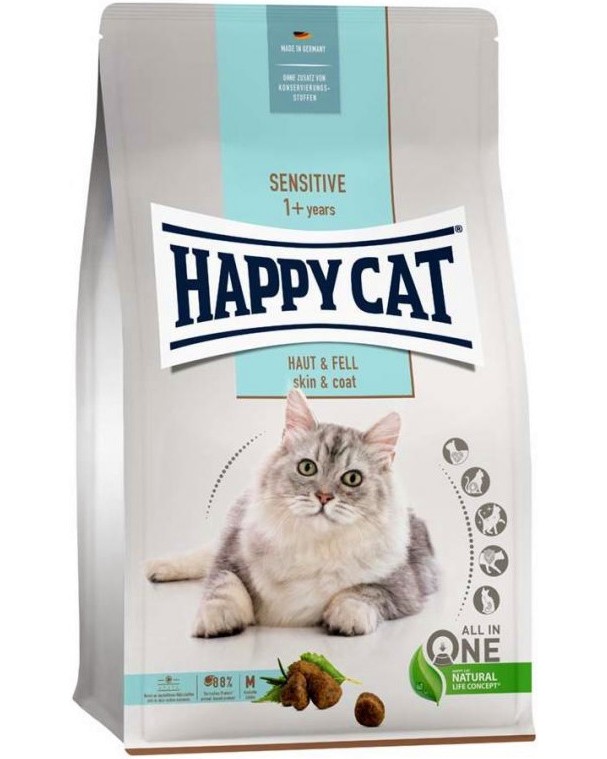 Суха храна за котки за красива козина Happy Cat Skin and Coat Суха храна за котки за красива козина Happy Cat Skin and Coat - 0.3 ÷ 4 kg, с пилешко и сьомга, от серията Sensitive, в зряла възраст - храна