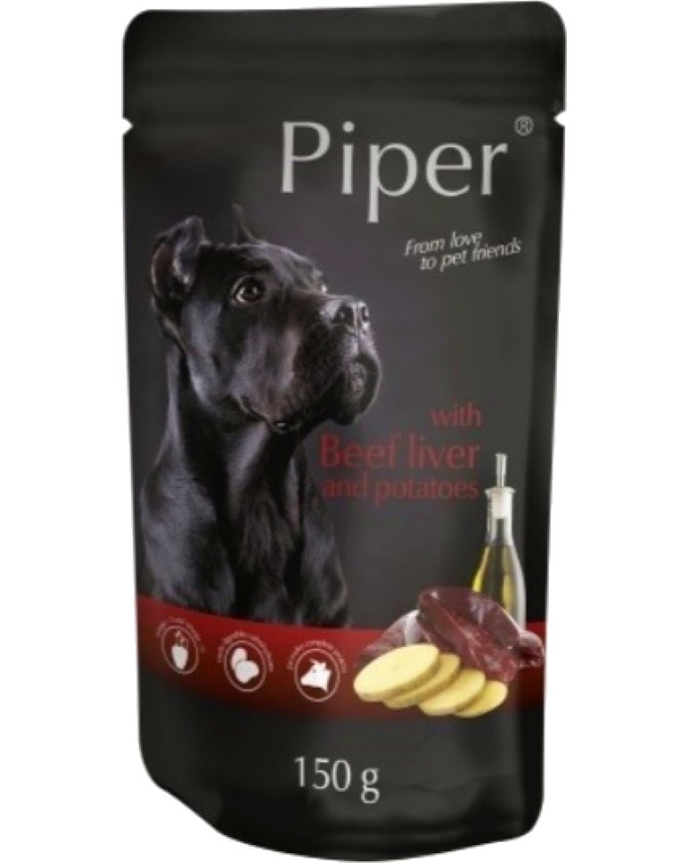 Пауч за кучета Piper Пауч за кучета Piper - 150 ÷ 10 x 150 g, с телешки дроб и картофи, в зряла възраст - храна