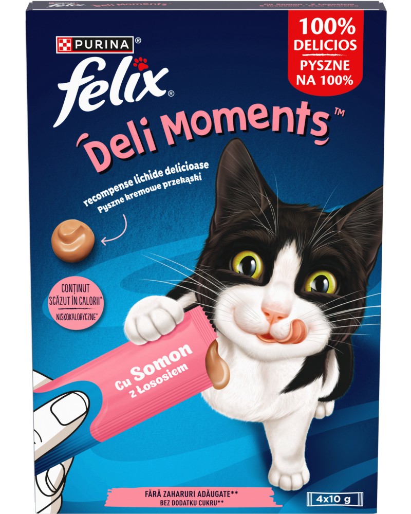 Кремообразни лакомства за котки Felix Deli Moments Кремообразни лакомства за котки Felix Deli Moments - 4 x 10 g, със сьомга, в зряла възраст - храна