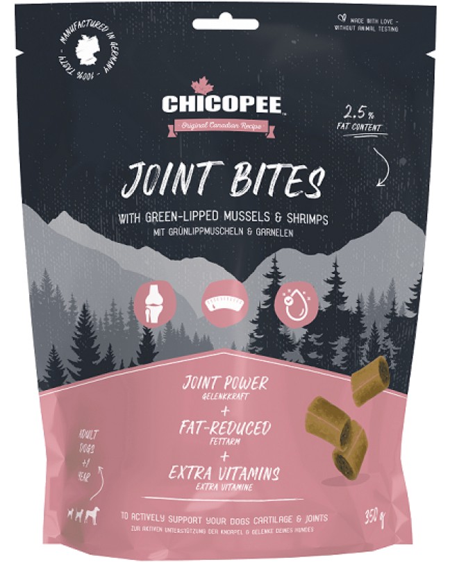 Хапки за стави за кучета CHICOPEE Joint Bites Хапки за стави за кучета CHICOPEE Joint Bites - 350 g, със зеленоустна мида и скариди, в зряла възраст - храна