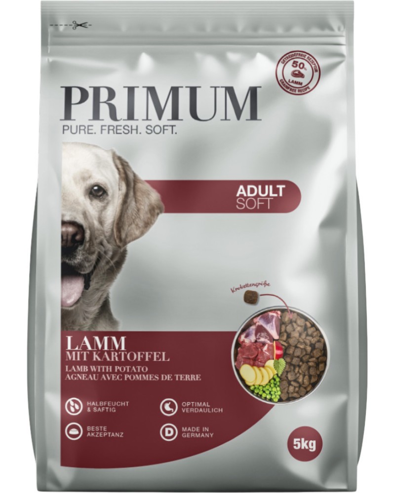 Полувлажна храна за кучета PRIMUM Soft Adult Полувлажна храна за кучета PRIMUM Soft Adult - 5 kg, с агнешко и картофи, за всички породи, в зряла възраст - храна