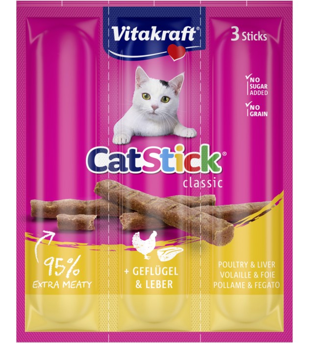 Лакомства за котки Vitakraft Cat Stick Лакомства за котки Vitakraft Cat Stick - 18 g, с птиче месо и черен дроб, от серията Classic - храна