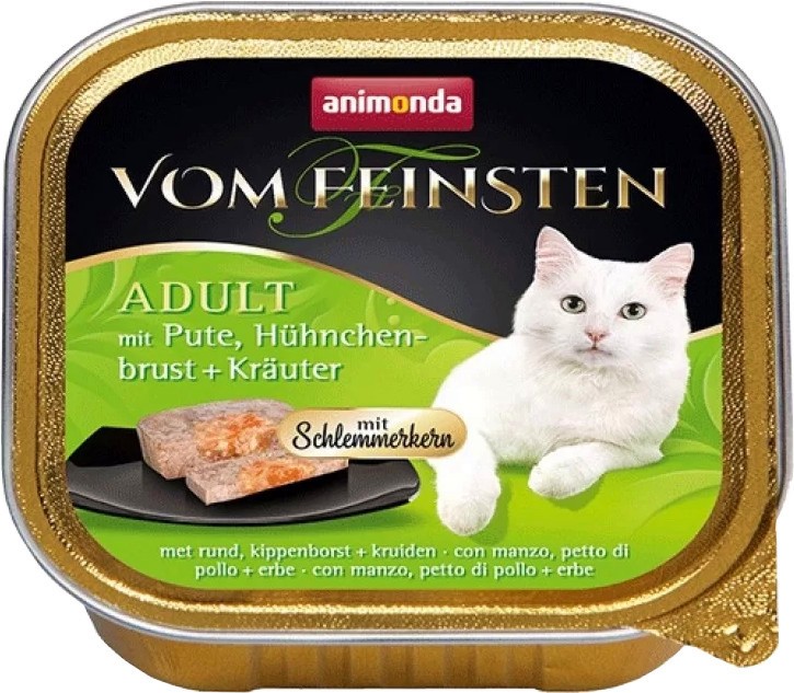 Пастет за котки 2 в 1 Animonda Vom Feinsten Adult Пастет за котки 2 в 1 Animonda Vom Feinsten Adult - 100 g, с пуешко, пилешки гърди и билки, от 1 до 6 години - храна