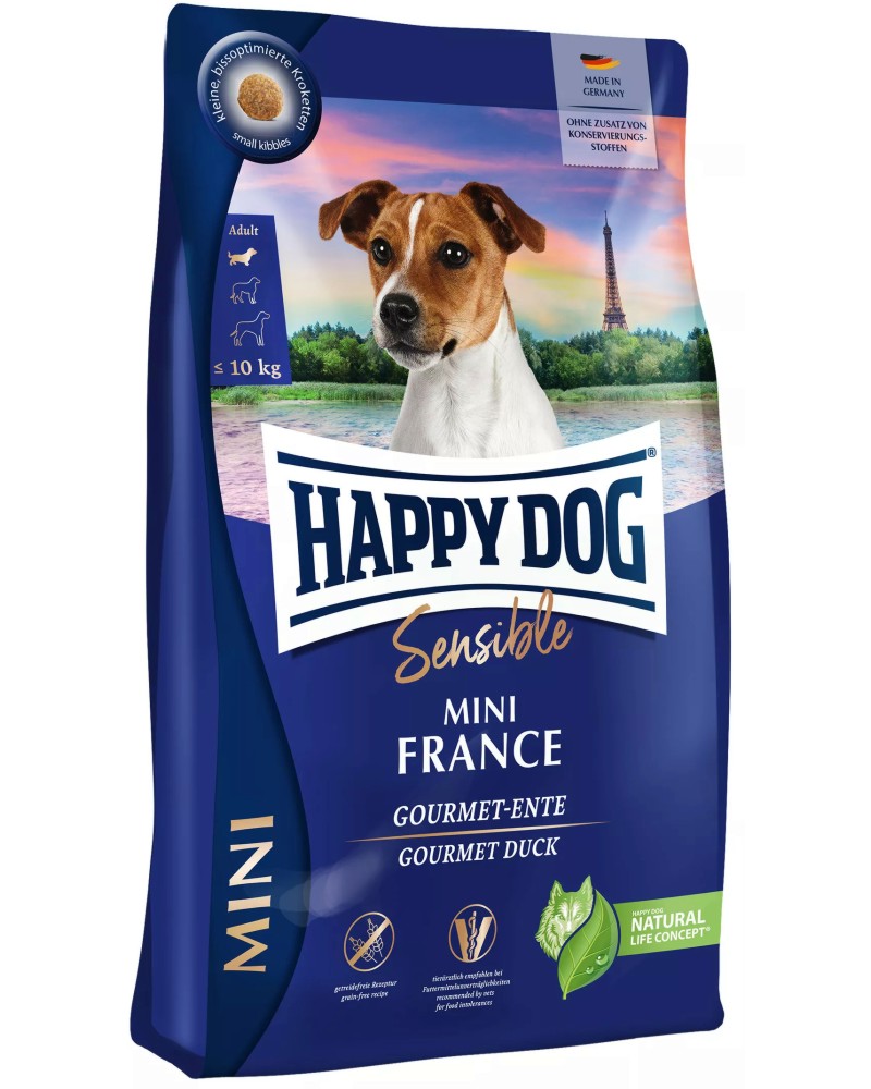 Суха храна за кучета с чувствително храносмилане Happy Dog Mini France Adult Суха храна за кучета с чувствително храносмилане Happy Dog Mini France Adult - 0.8 и 4 kg, с патешко, от серията Sensible, в зряла възраст, до 10 kg - храна