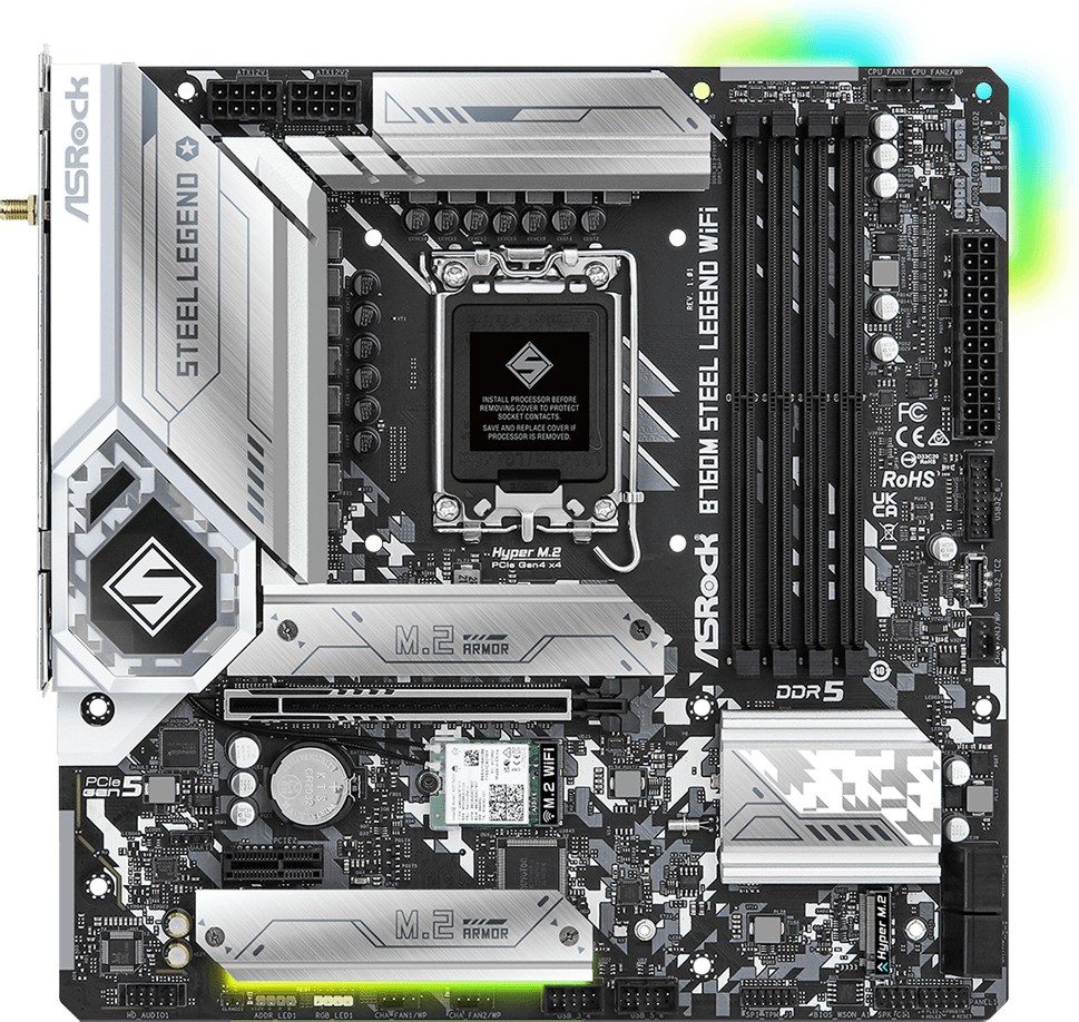 Дънна платка ASRock B760M Steel Legend WIFI Дънна платка ASRock B760M Steel Legend WIFI - LGA 1700, Intel B760, DDR5, Micro ATX -