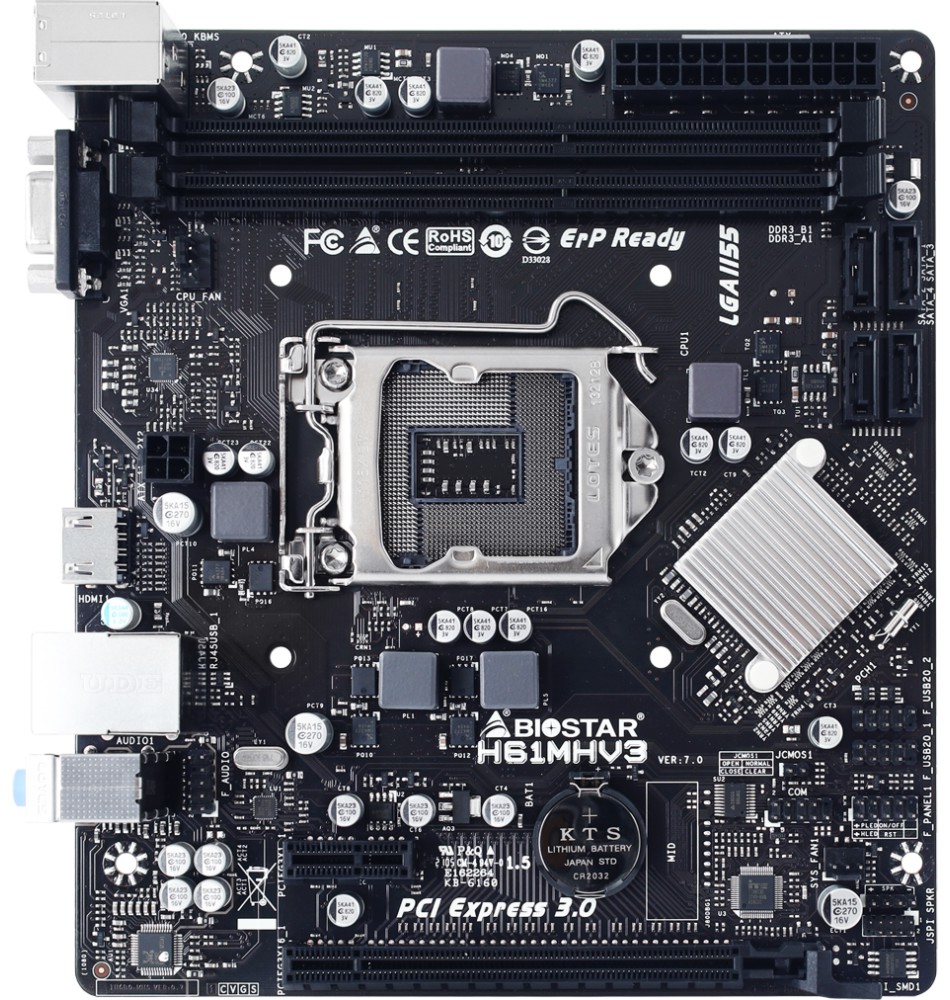Дънна платка BIOSTAR H61MHV3 Дънна платка BIOSTAR H61MHV3 - LGA 1155, Intel H61, DDR3, ATX -