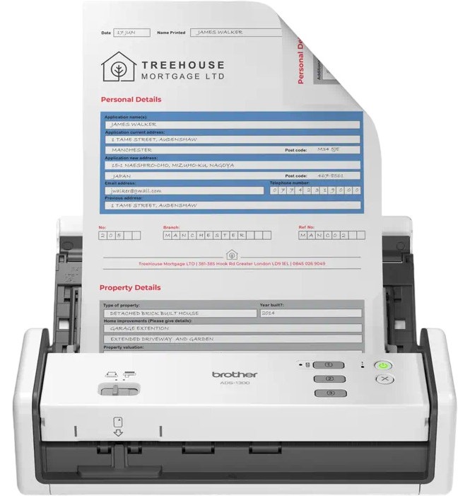 Скенер Brother ADS-1300 Скенер Brother ADS-1300 - 1200 x 1200 dpi, 30 pages/min, ADF, USB, Wi-Fi, двустранно сканиране -