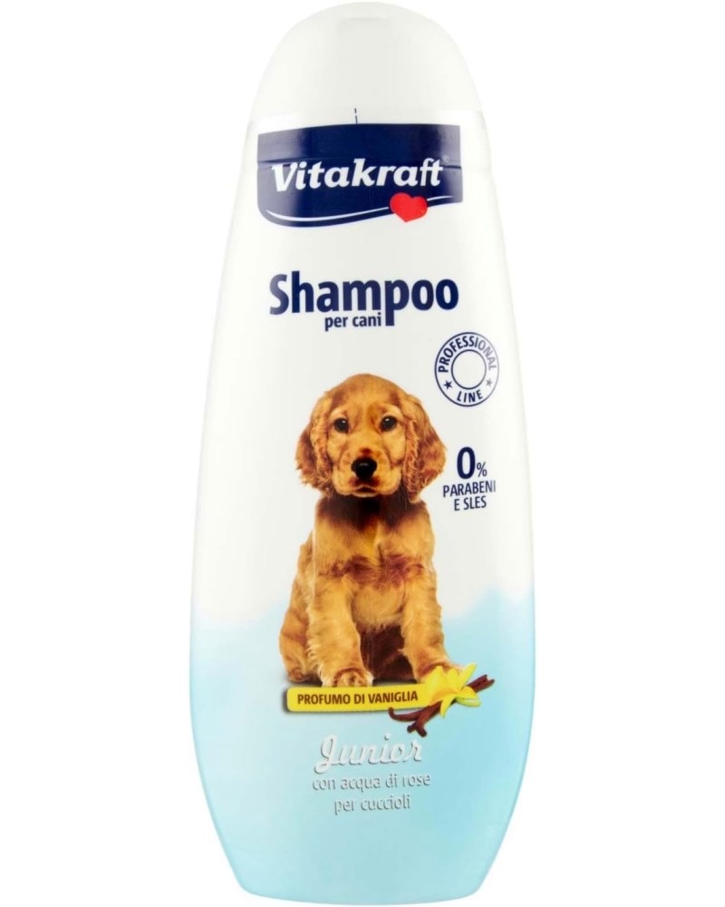 Шампоан за подрастващи кучета Vitakraft Junior Шампоан за подрастващи кучета Vitakraft Junior - 250 ml, с розова вода и аромат на ванилия, от серията Professional Line - шампоан