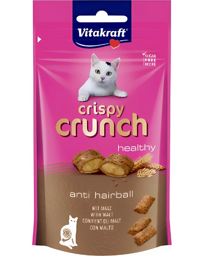 Лакомства за котки против образуване на космени топки Vitakraft Crispy Crunch Лакомства за котки против образуване на космени топки Vitakraft Crispy Crunch - 60 g, с малц, от серията Healthy - храна
