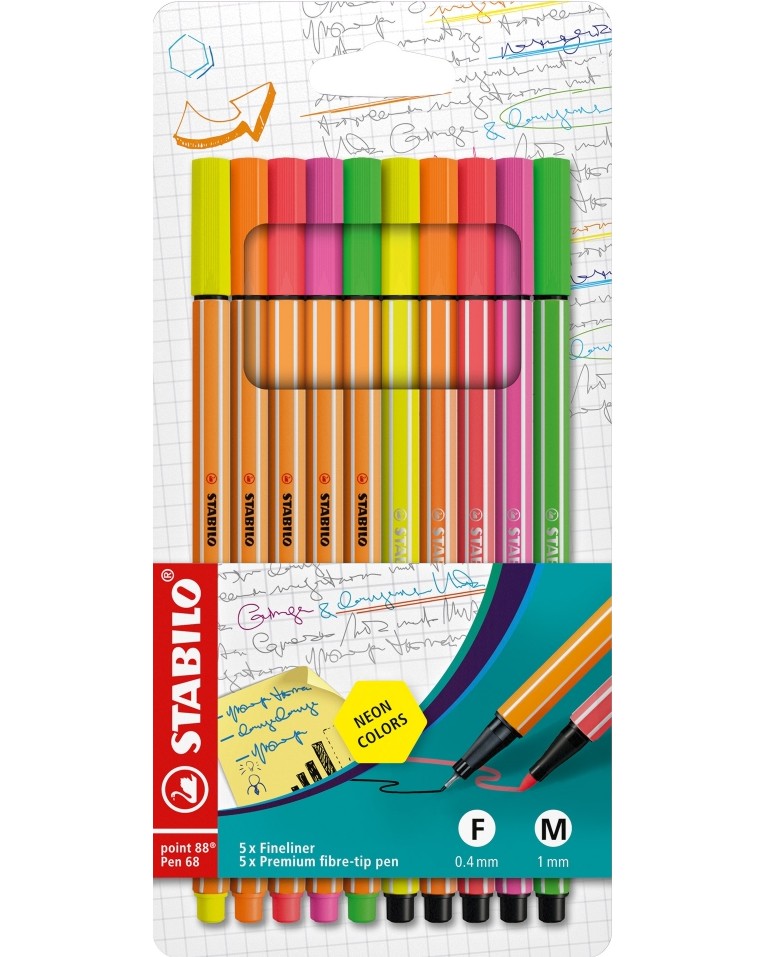 Тънкописци и маркери Stabilo Point 88 and Pen 68 Neon Тънкописци и маркери Stabilo Point 88 and Pen 68 Neon - 10 броя -