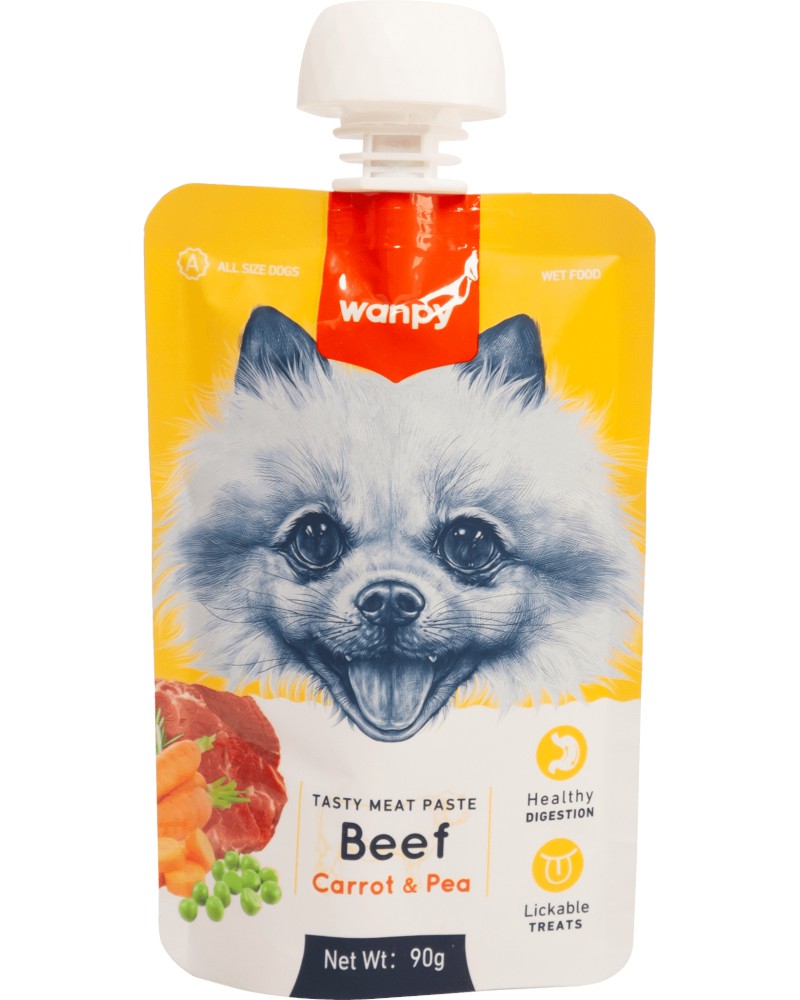 Пауч за кучета Wanpy Пауч за кучета Wanpy - 90 g, с говеждо, моркови и грах - храна