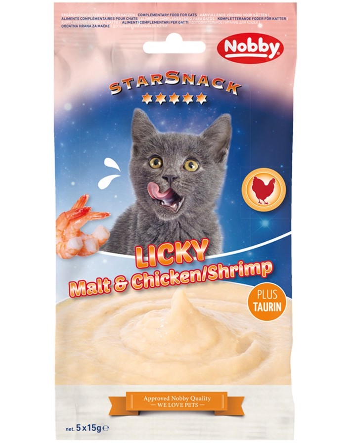 Кремообразни лакомства за котки Nobby Licky Cat Кремообразни лакомства за котки Nobby Licky Cat - 5 x 15 g, с малц, пилешко и скариди, от серията StarSnack - храна