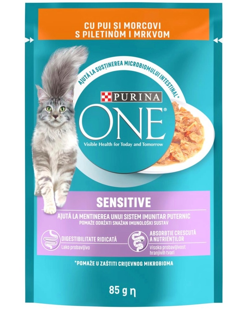 Пауч за котки с чувствително храносмилане Purina ONE Sensitive Пауч за котки с чувствително храносмилане Purina ONE Sensitive - 85 g, с пилешко и моркови в сос, за над 1 година - храна