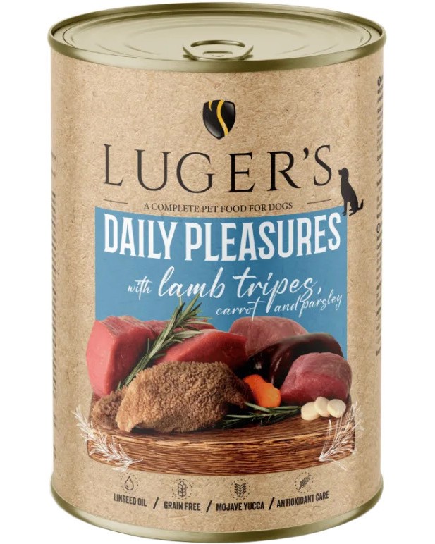 Консерви за кучета Luger's Консерви за кучета Luger's - 6 x 400 и 6 x 800 g, с агнешко шкембе, моркови и магданоз, от серията Daily Pleasures, в зряла възраст - храна