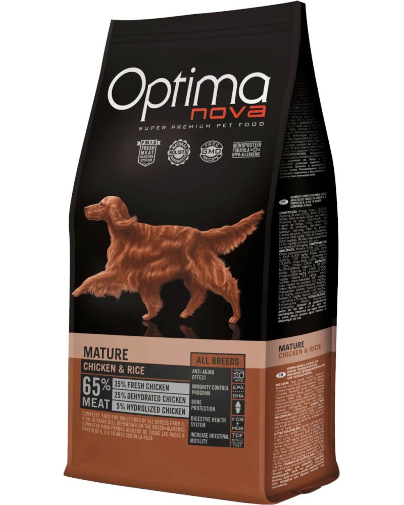 Суха храна за кучета Optima Nova Mature Суха храна за кучета Optima Nova Mature - 12 kg, с пилешко и ориз, над 6 години - храна