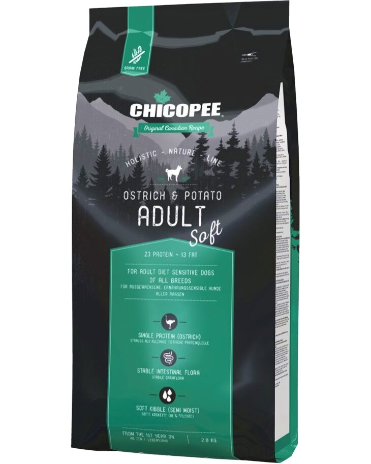 Полувлажна храна за кучета CHICOPEE Adult Soft Полувлажна храна за кучета CHICOPEE Adult Soft - 2 и 12 kg, с щраусово и картофи, от серията Holistic Nature Line, в зряла възраст - храна