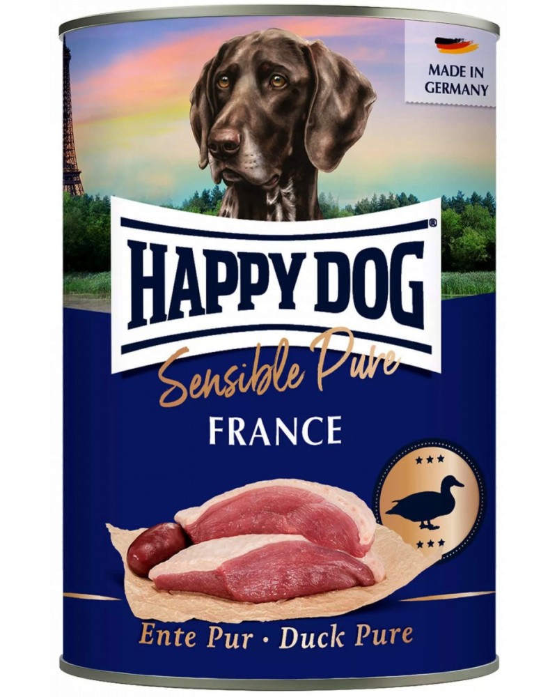 Консерва за кучета с чувствително храносмилане Happy Dog France Консерва за кучета с чувствително храносмилане Happy Dog France - 200 ÷ 800 g, с патешко, от серията Sensible, в зряла възраст - храна