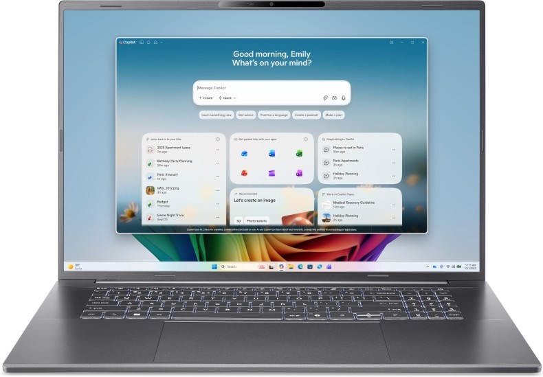 Лаптоп Acer Aspire 18 AI A18-I71M-74W1 Лаптоп Acer Aspire 18 AI A18-I71M-74W1 - Intel Core Ultra 7 355 1.7 GHz, 18" IPS 1920 x 1200, 120 Hz, 16 GB LPDDR5X , 512 GB SSD, Windows 11 Home -