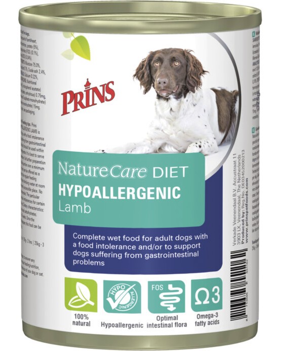 Натурална хипоалергенна консерва за кучета с чувствително храносмилане и стомашно-чревни проблеми Prins NatureCare Diet Hypoallergenic Натурална хипоалергенна консерва за кучета с чувствително храносмилане и стомашно-чревни проблеми Prins NatureCare Diet Hypoallergenic - 400 g, с агнешко, от серията Dietetic, за всички породи, в зряла възраст - храна