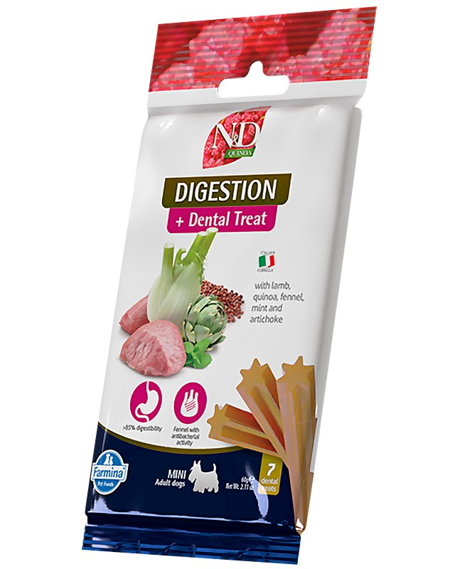 Дентални лакомства за здрав стомах за кучета N&D Adult Mini Digestion Dental Treat Дентални лакомства за здрав стомах за кучета N&D Adult Mini Digestion Dental Treat - 60 g, с агнешко, киноа, копър, мента и артишок, от серията Quinoa, за дребни породи, над 4 месеца - храна