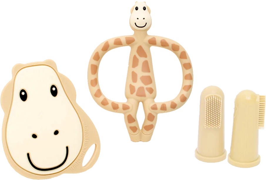 Силиконови гризалки Жирафчета - Matchstick Monkey - 2 броя, с 2 броя накрайници за миене на зъби - продукт