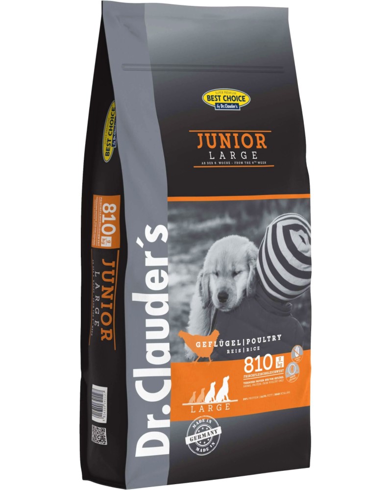 Суха храна за кучета Dr.Clauder's Junior Large Суха храна за кучета Dr.Clauder's Junior Large - 12.5 kg, с птиче месо и ориз, от серията Best Choice, за големи и много големи породи, от 2 до 12 месеца - храна