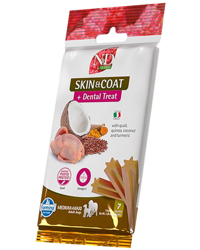 �������� ��������� �� ������ �� ������ ���� � ������� ������ N&D Adult Medium & Maxi Skin & Coat Dental Treat - 100 g, � ���������, �����, ����� � �������, �� ������� Quinoa, �� ������ � ���� ������, ��� 4 ������ - �����