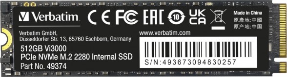 SSD памет Verbatim Vi3000 PCIe 3.0 x4 NVMe SSD памет Verbatim Vi3000 PCIe 3.0 x4 NVMe - 512 GB, четене 3300 MB/s, запис 2500 MB/s, 3D NAND -