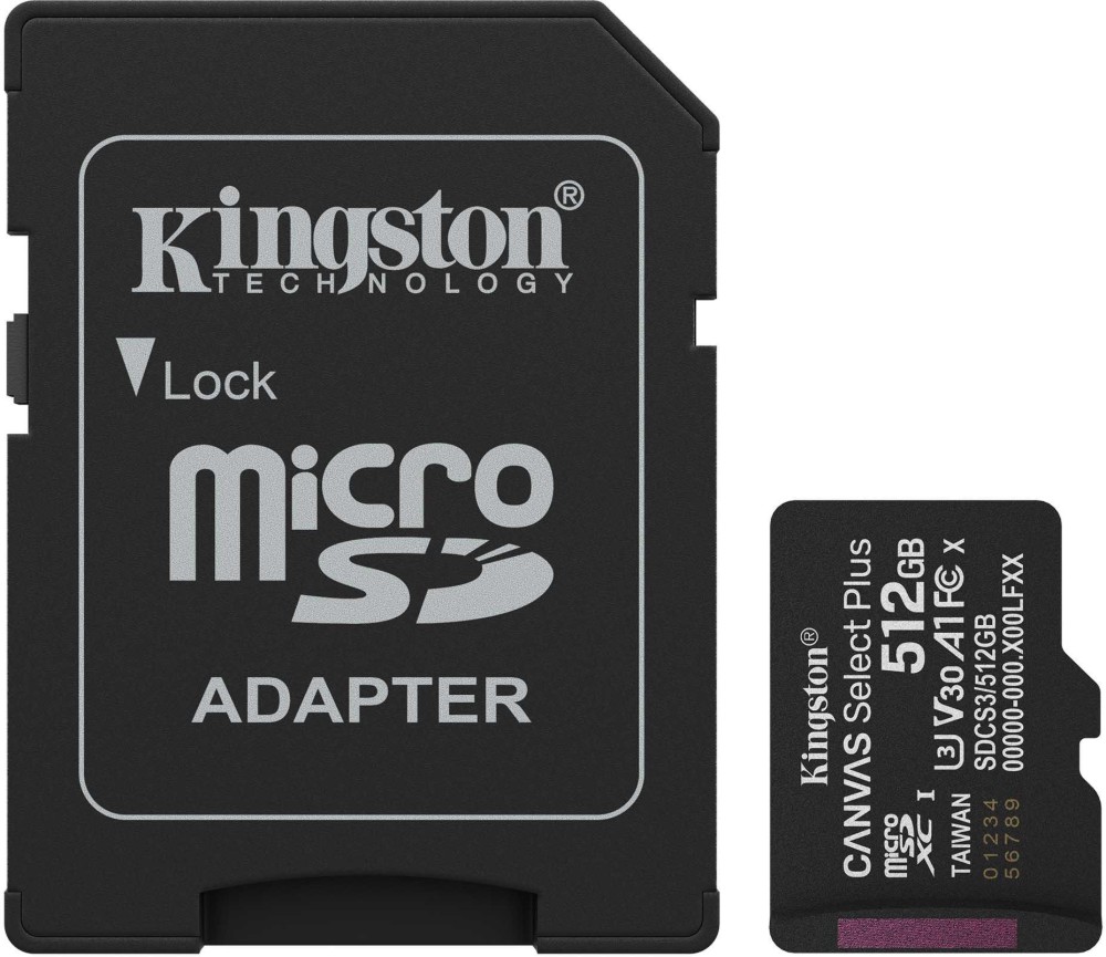 Micro SDXC   512 GB Kingston Canvas Select Plus - Class 10, UHS-I U3, V30, A1,  SD  - 